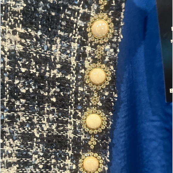 New Boston Proper Pearl Trim Tweed Parisian Jacket Navy Multi- Stunning - Picture 12 of 13